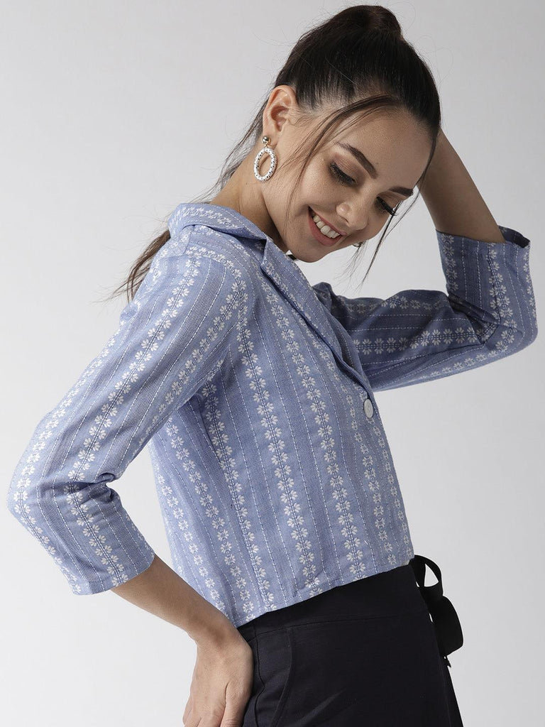 Women Blue & White Self Design Crop Button Shrug-Shrug-StyleQuotient