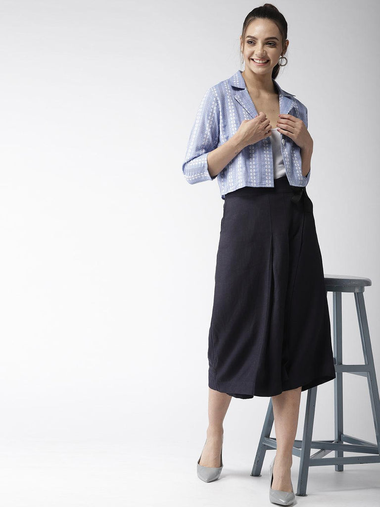 Women Blue & White Self Design Crop Button Shrug-Shrug-StyleQuotient