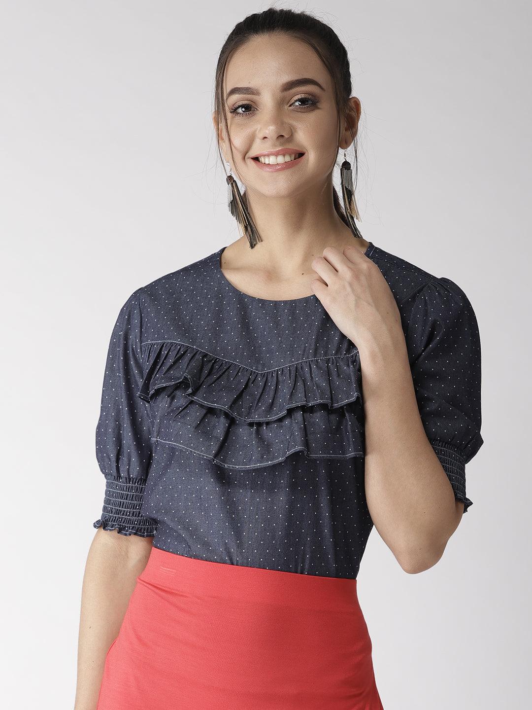 Women Navy Blue Chambray Printed Top-Tops-StyleQuotient