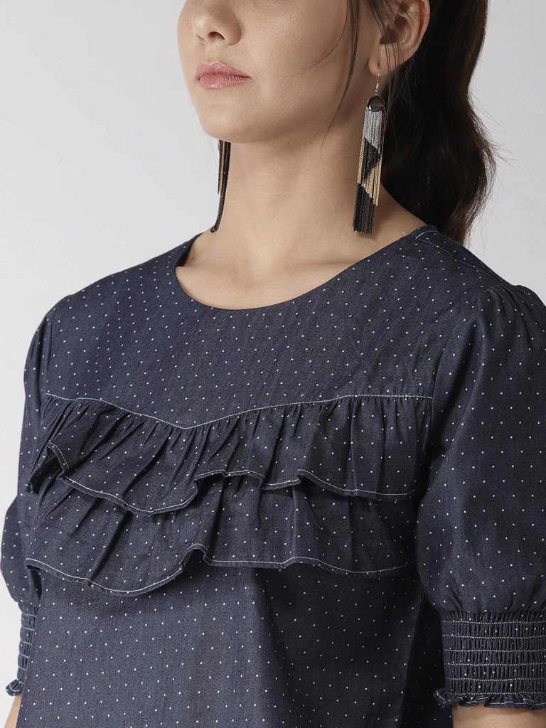 Women Navy Blue Chambray Printed Top-Tops-StyleQuotient