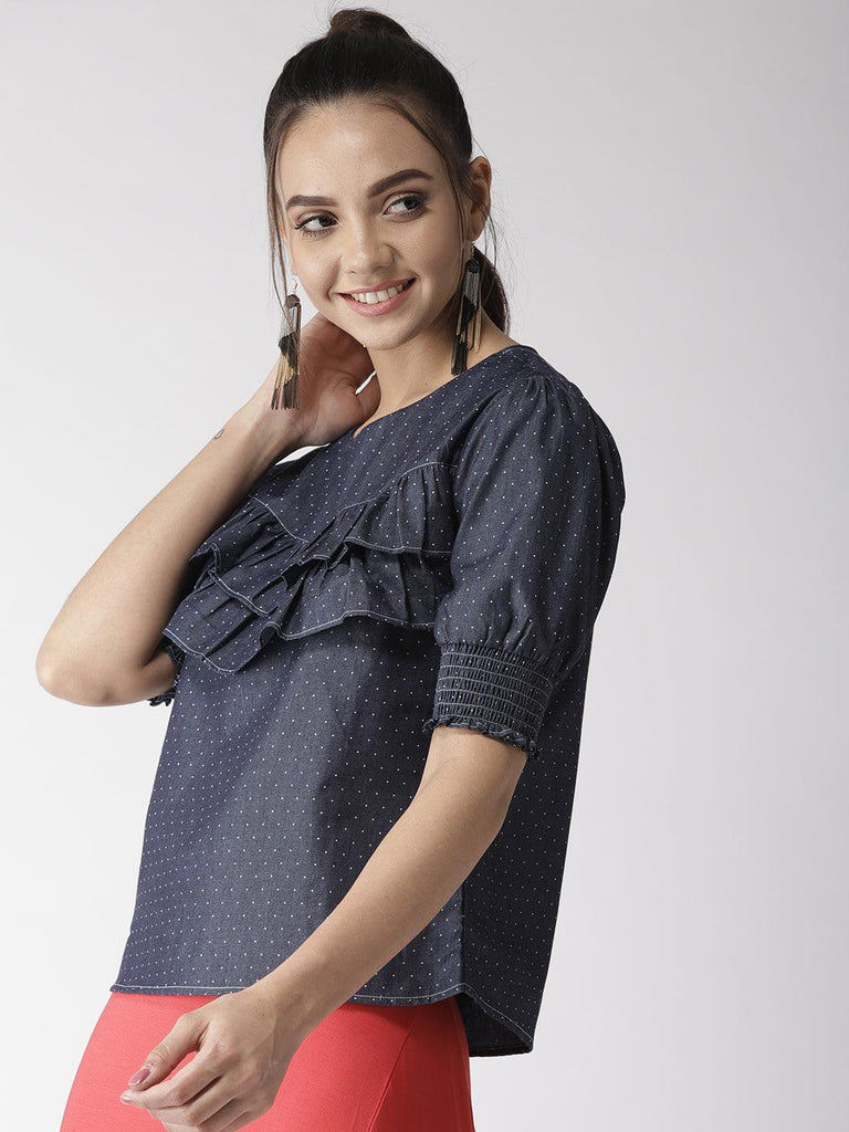 Women Navy Blue Chambray Printed Top-Tops-StyleQuotient