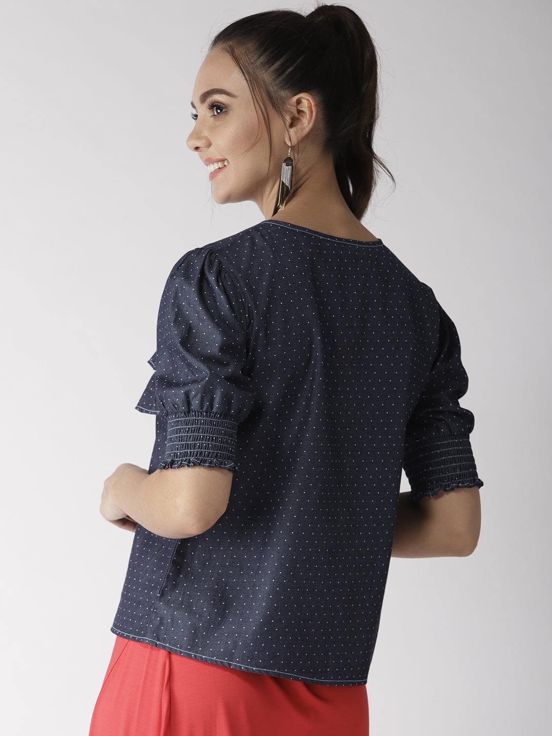 Women Navy Blue Chambray Printed Top-Tops-StyleQuotient