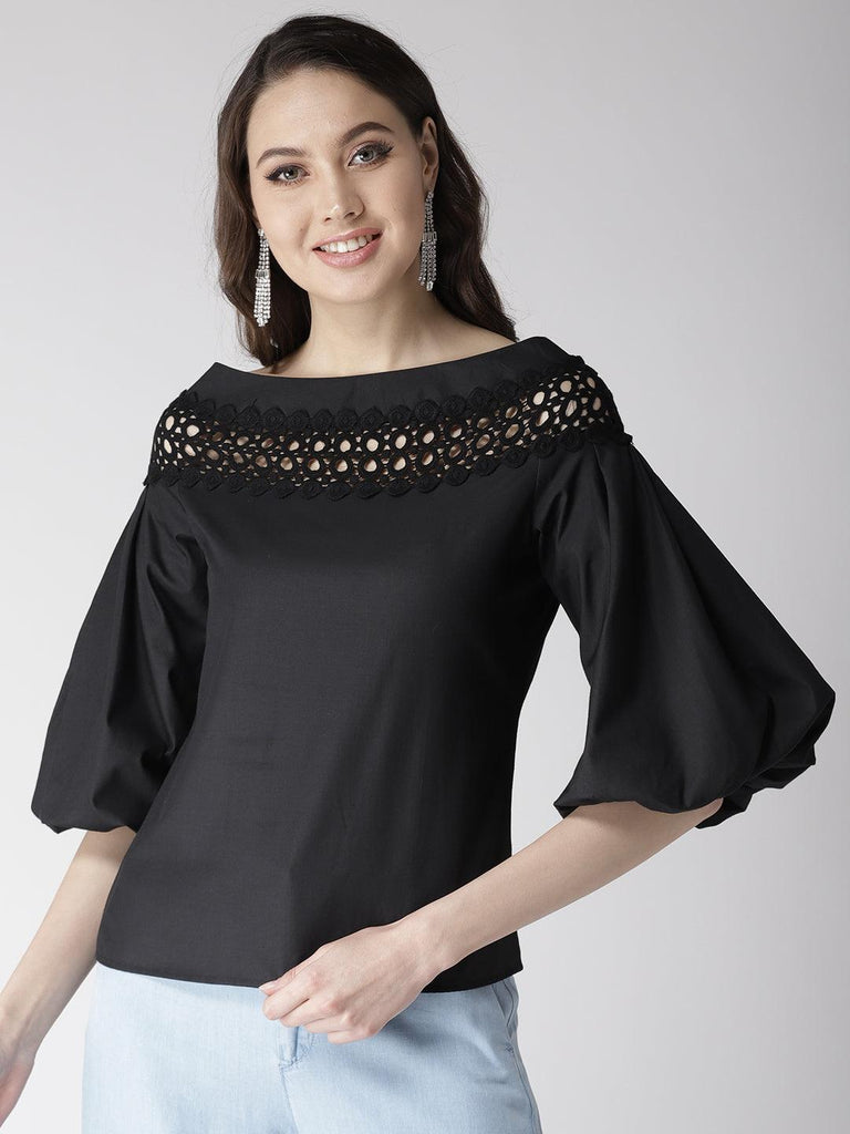 Women Black Solid Top-Tops-StyleQuotient