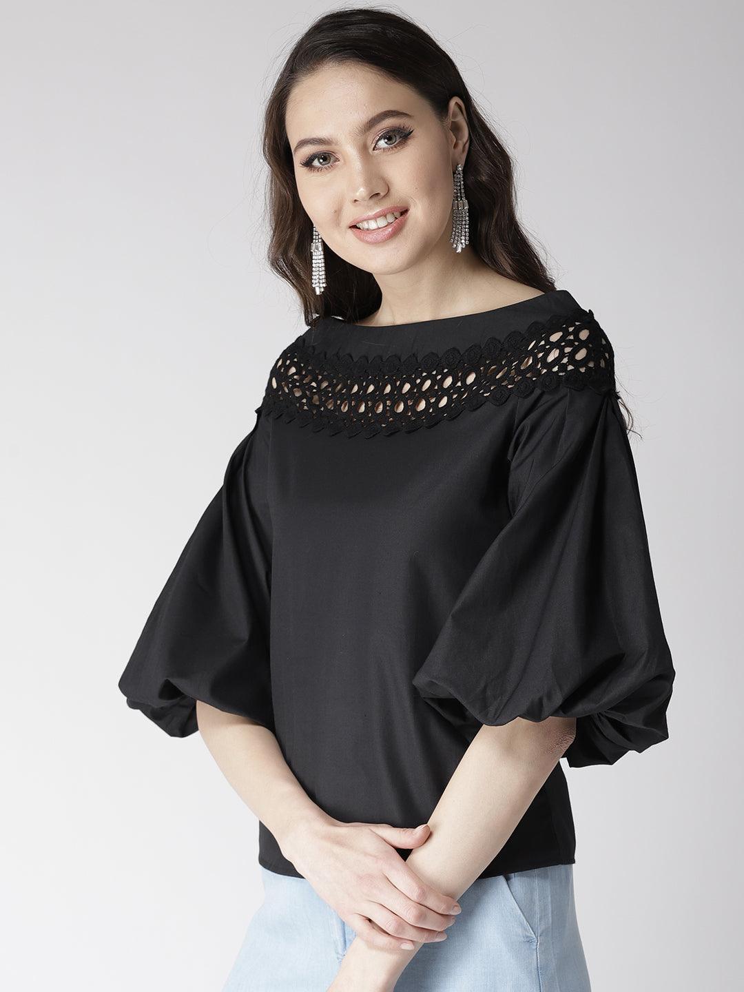 Women Black Solid Top-Tops-StyleQuotient