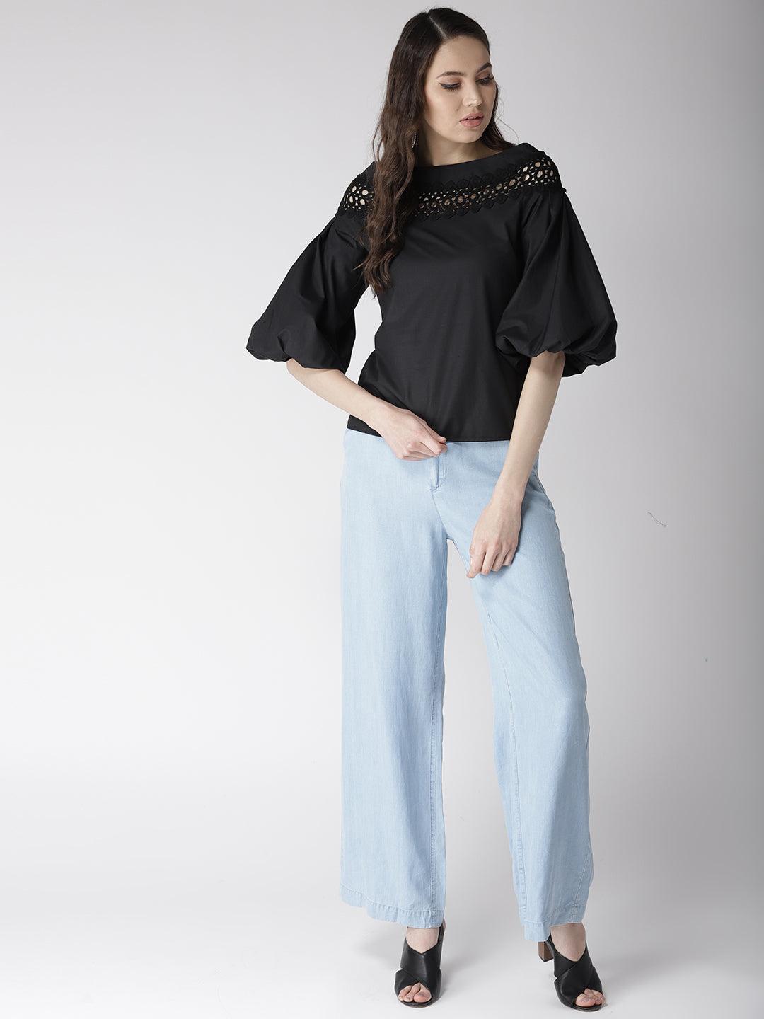 Women Black Solid Top-Tops-StyleQuotient