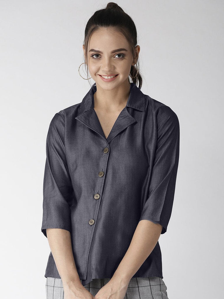 Women Blue Modern Fit Solid Chambray Casual Shirt-Shirts-StyleQuotient