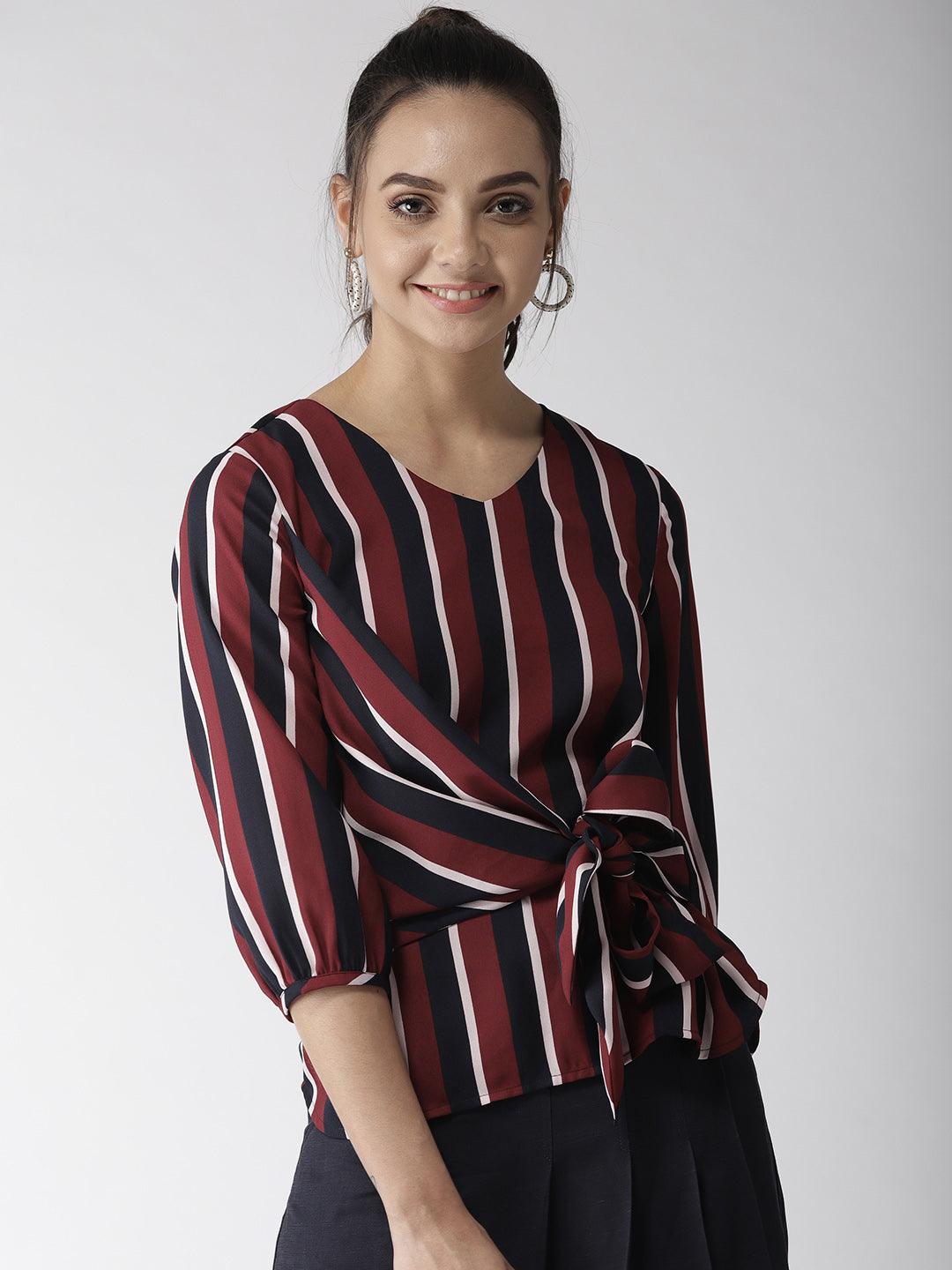 Women Maroon & Navy Blue Striped Top-Tops-StyleQuotient