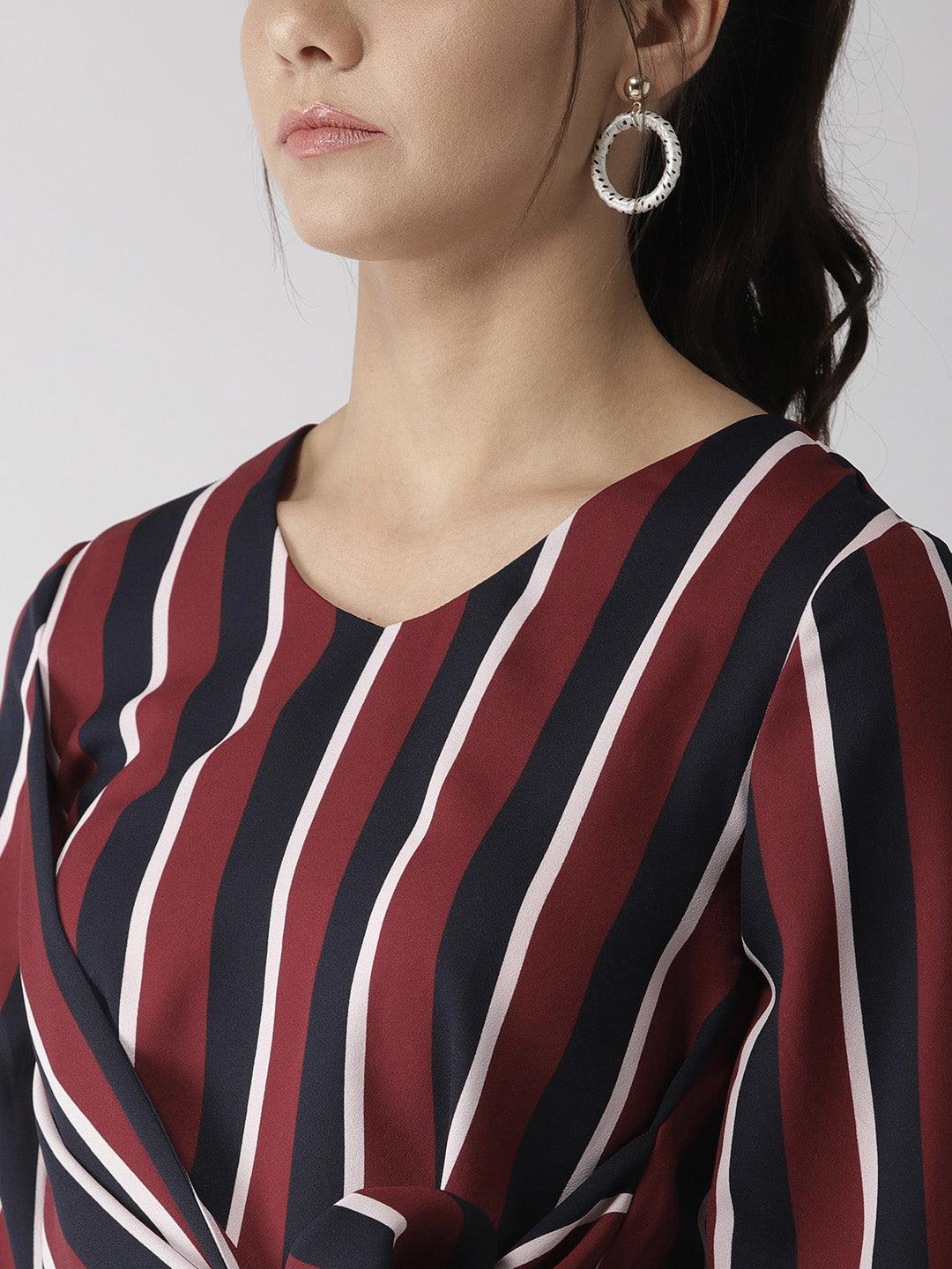 Women Maroon & Navy Blue Striped Top-Tops-StyleQuotient