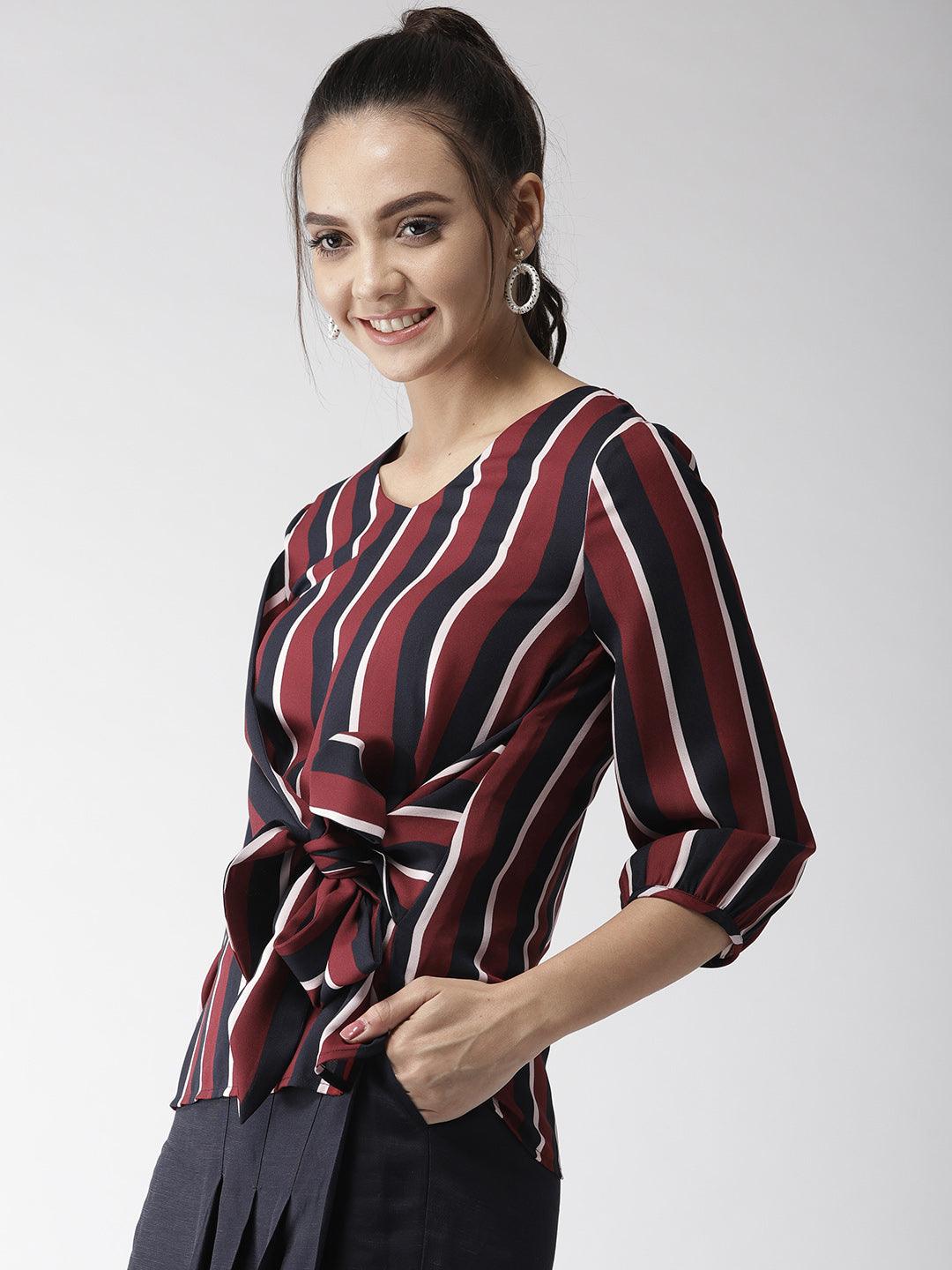 Women Maroon & Navy Blue Striped Top-Tops-StyleQuotient