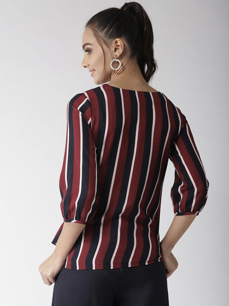 Women Maroon & Navy Blue Striped Top-Tops-StyleQuotient