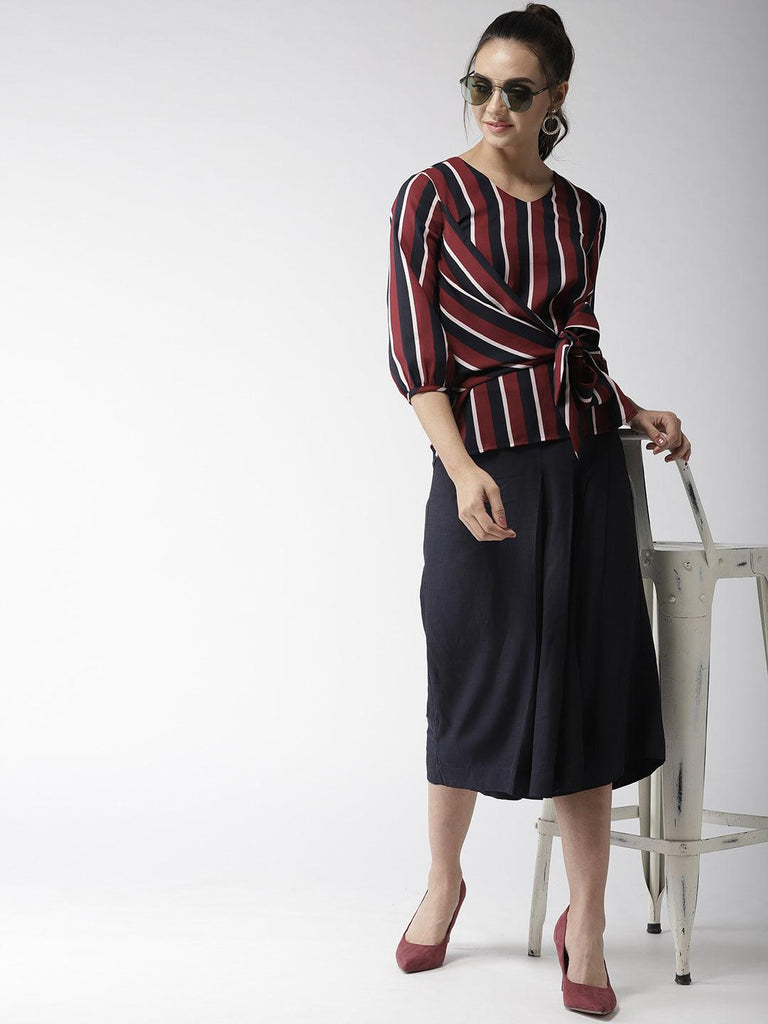 Women Maroon & Navy Blue Striped Top-Tops-StyleQuotient