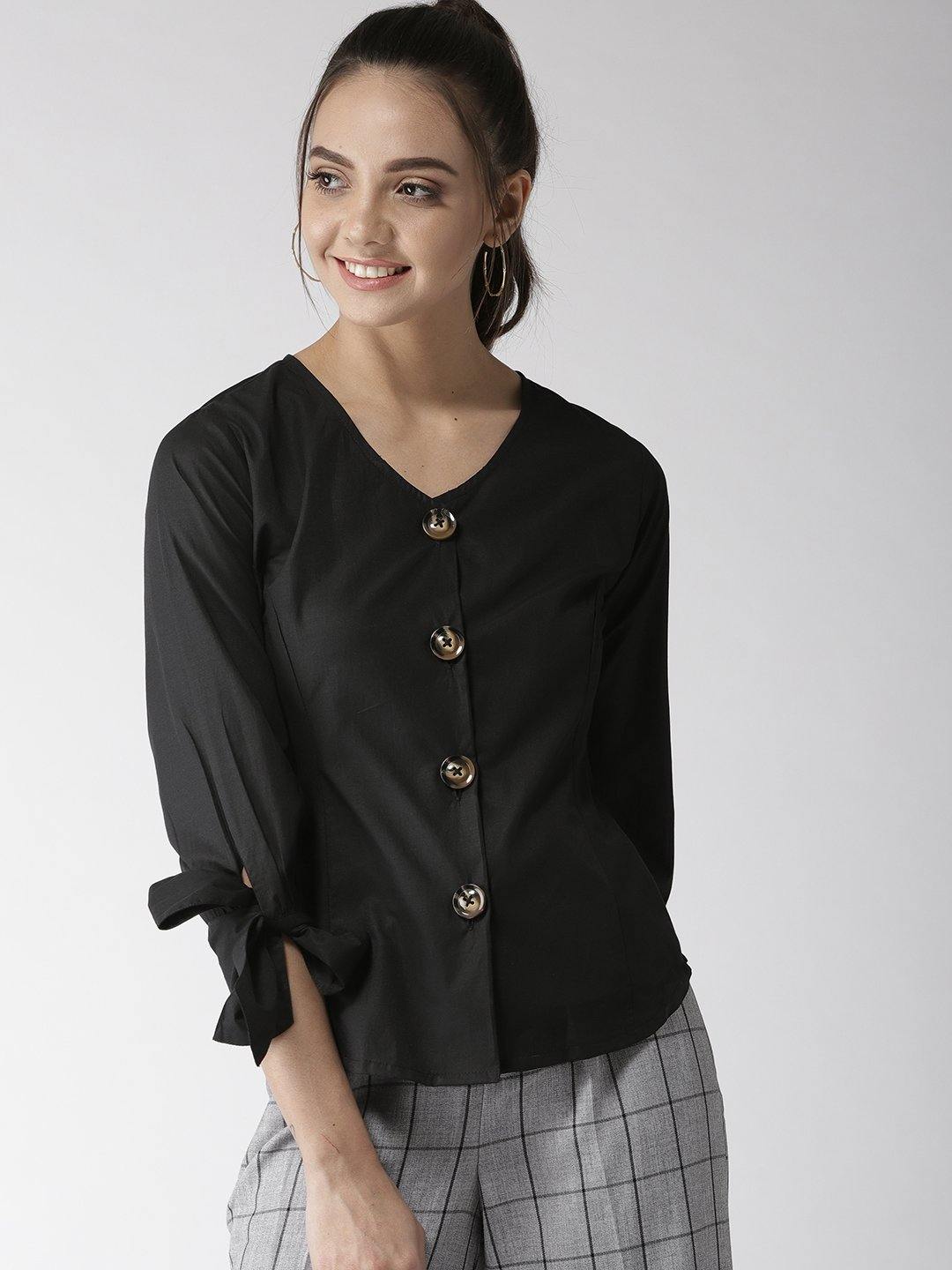 Women Black Solid Top-Tops-StyleQuotient