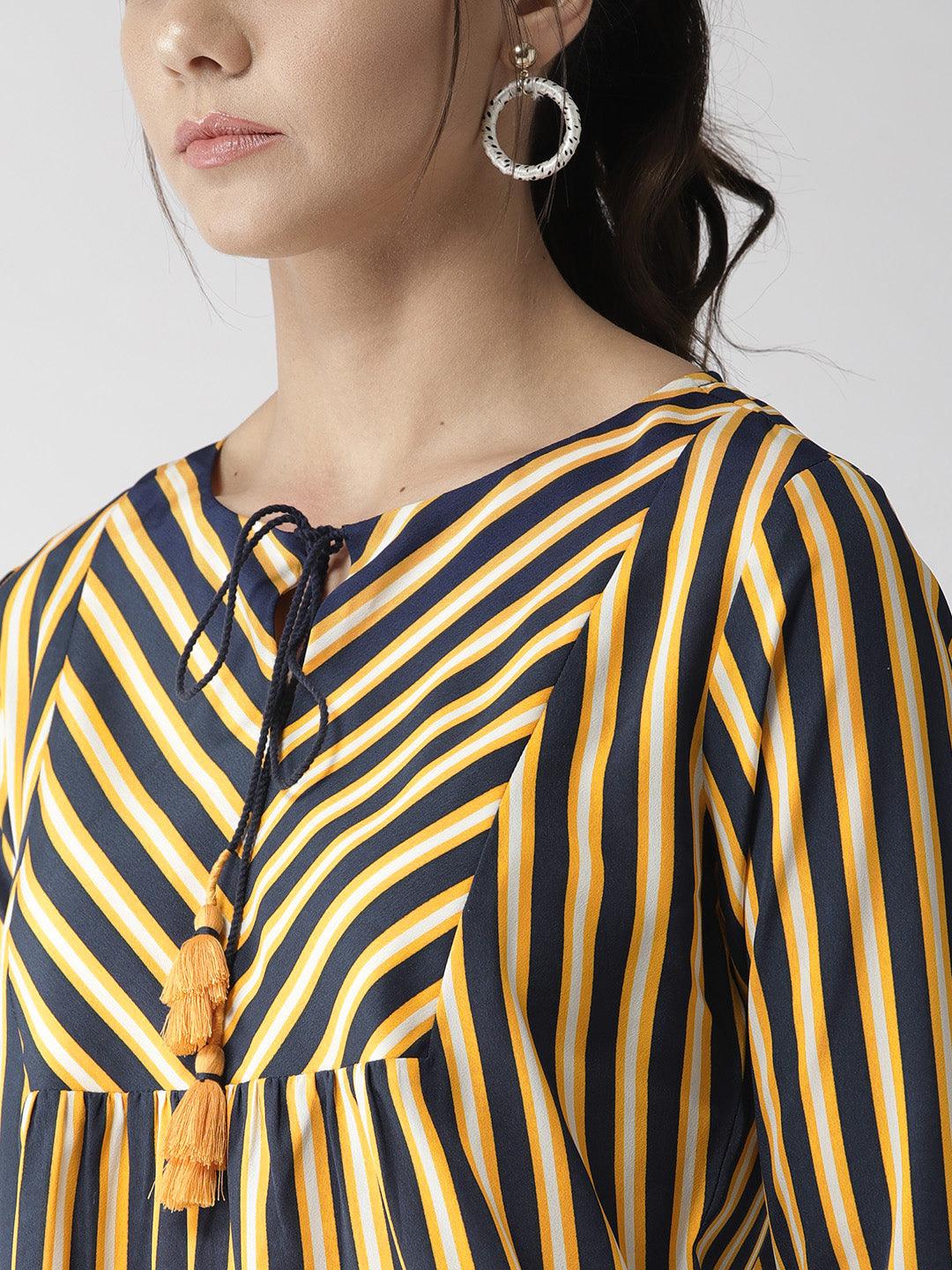 Women Yellow & Navy Blue Striped Top-Tops-StyleQuotient