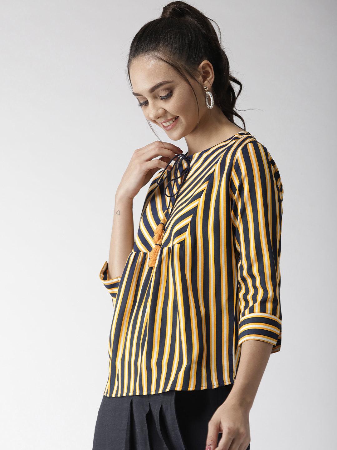 Women Yellow & Navy Blue Striped Top-Tops-StyleQuotient