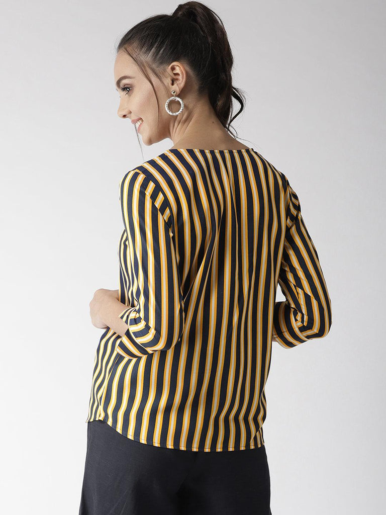 Women Yellow & Navy Blue Striped Top-Tops-StyleQuotient