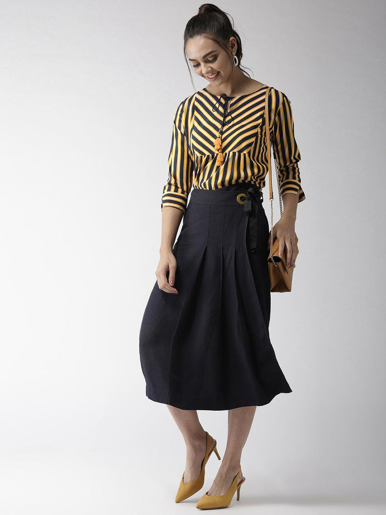 Women Yellow & Navy Blue Striped Top-Tops-StyleQuotient