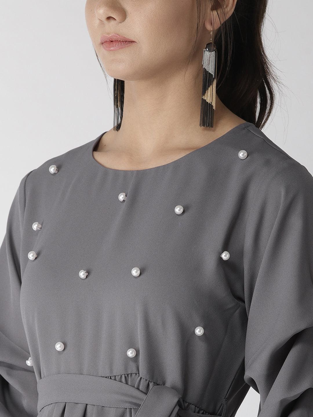 Women Grey Solid A-Line Dress-Dresses-StyleQuotient