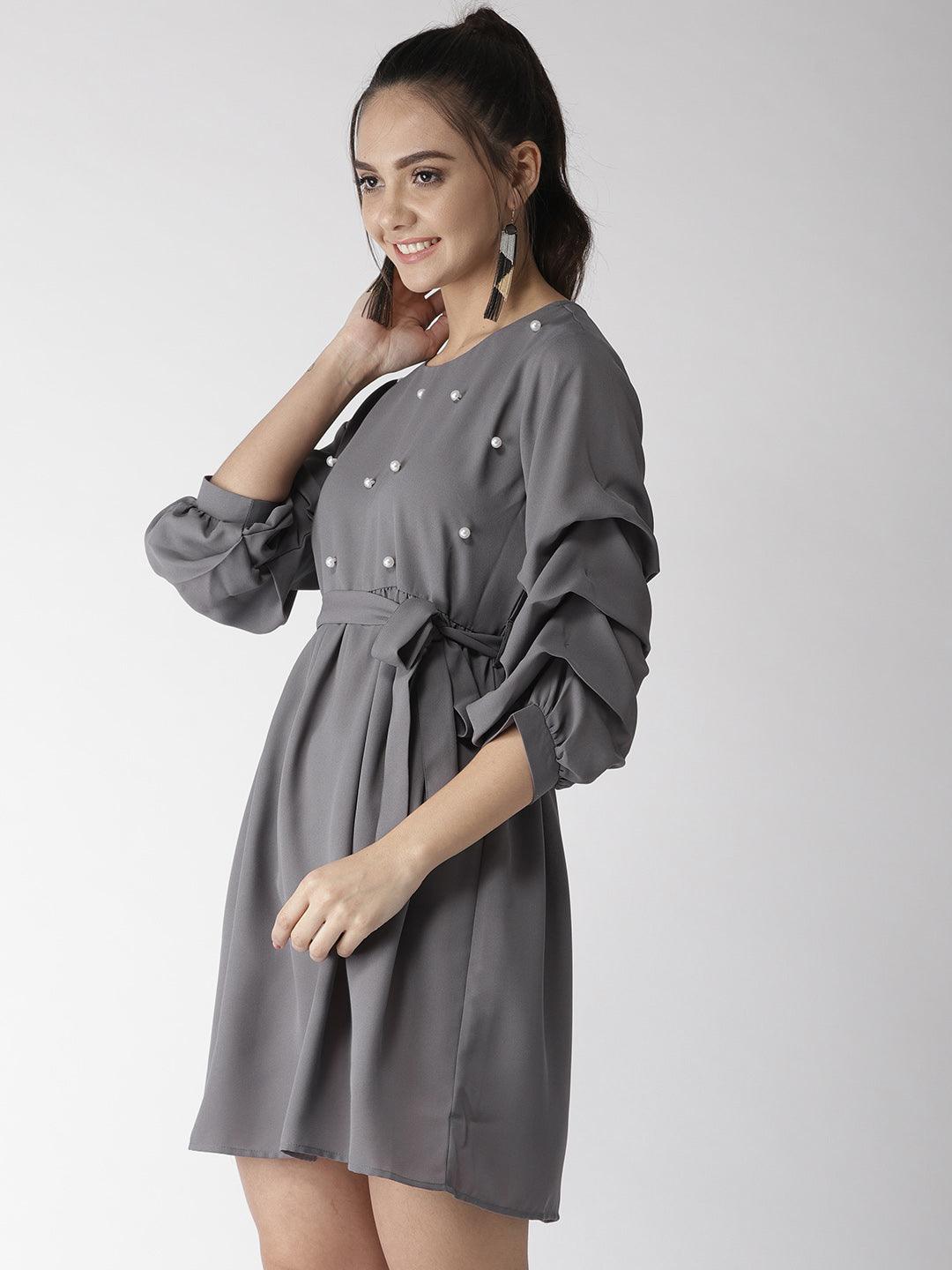 Women Grey Solid A-Line Dress-Dresses-StyleQuotient