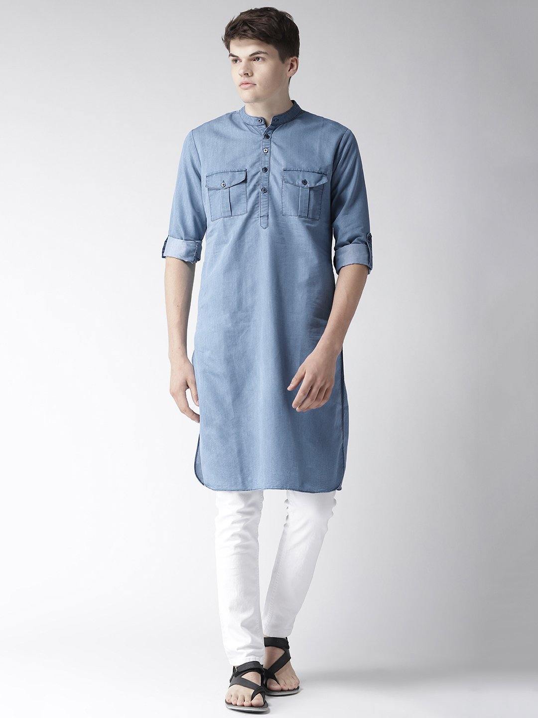 Men Blue Solid Denim Pathani Kurta - Main Image