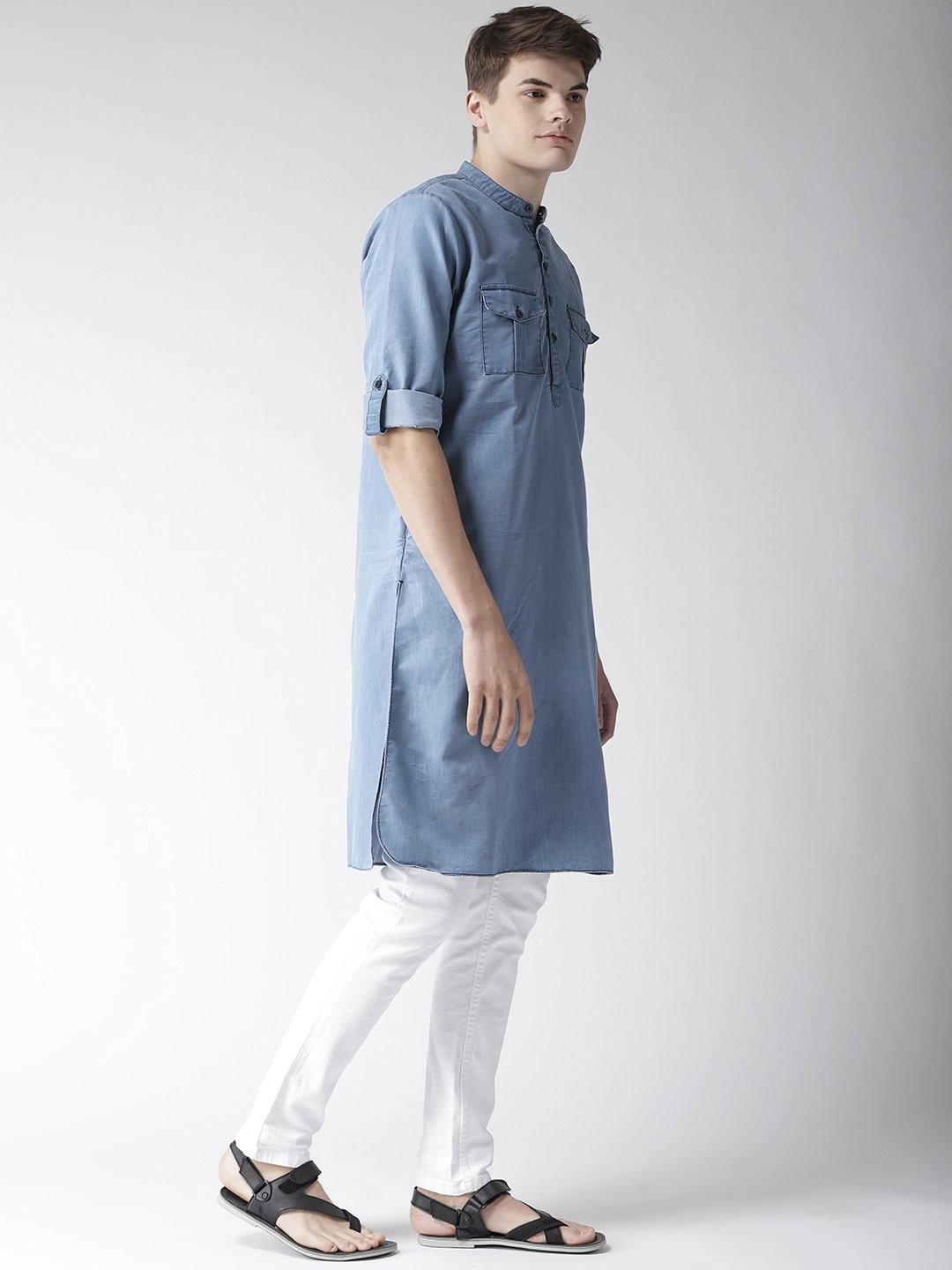 Men Blue Solid Denim Pathani Kurta-Mens Kurta-StyleQuotient