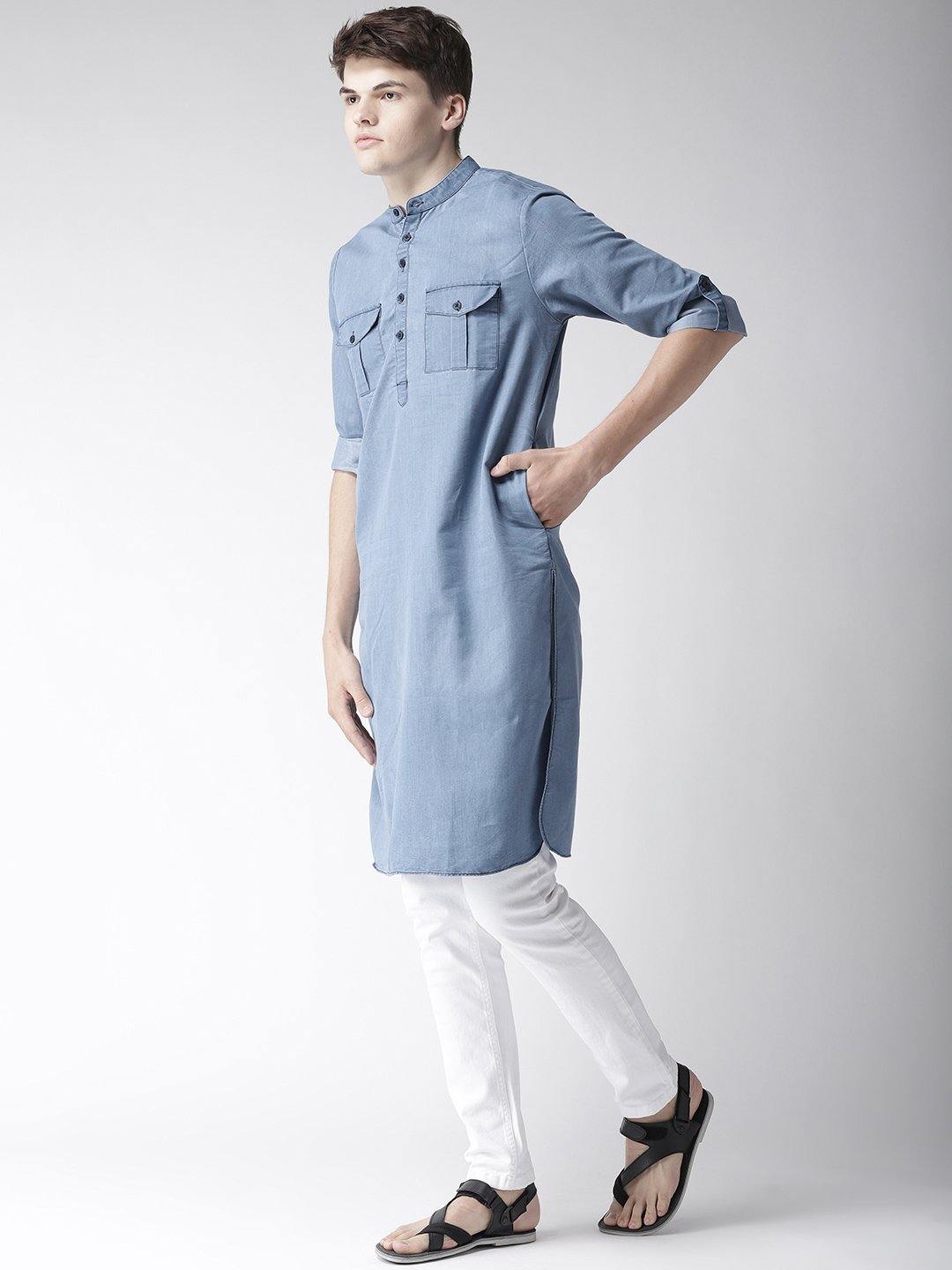 Men Blue Solid Denim Pathani Kurta-Mens Kurta-StyleQuotient