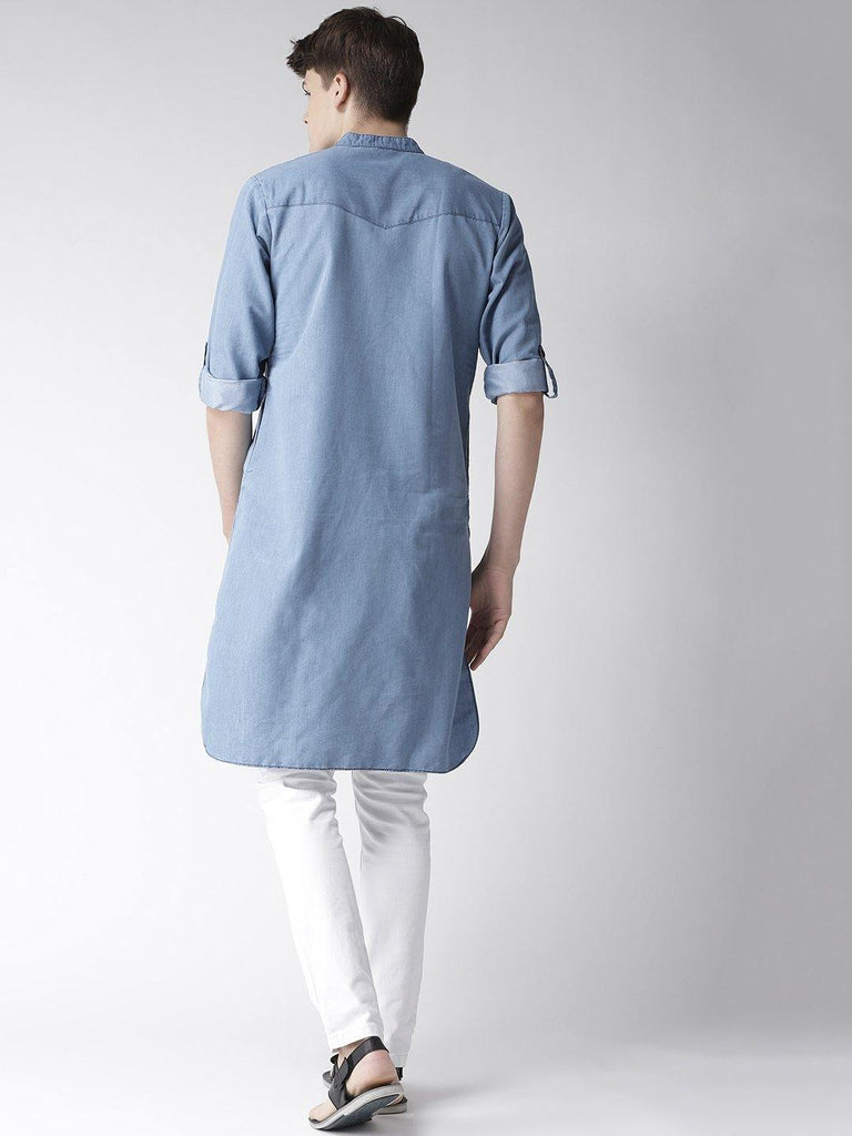 Men Blue Solid Denim Pathani Kurta-Mens Kurta-StyleQuotient