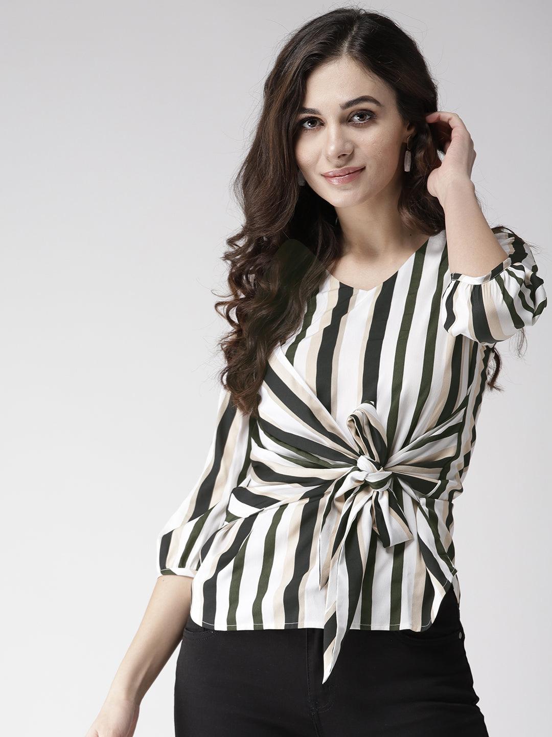 Women Maroon & Navy Blue Striped Top-Tops-StyleQuotient