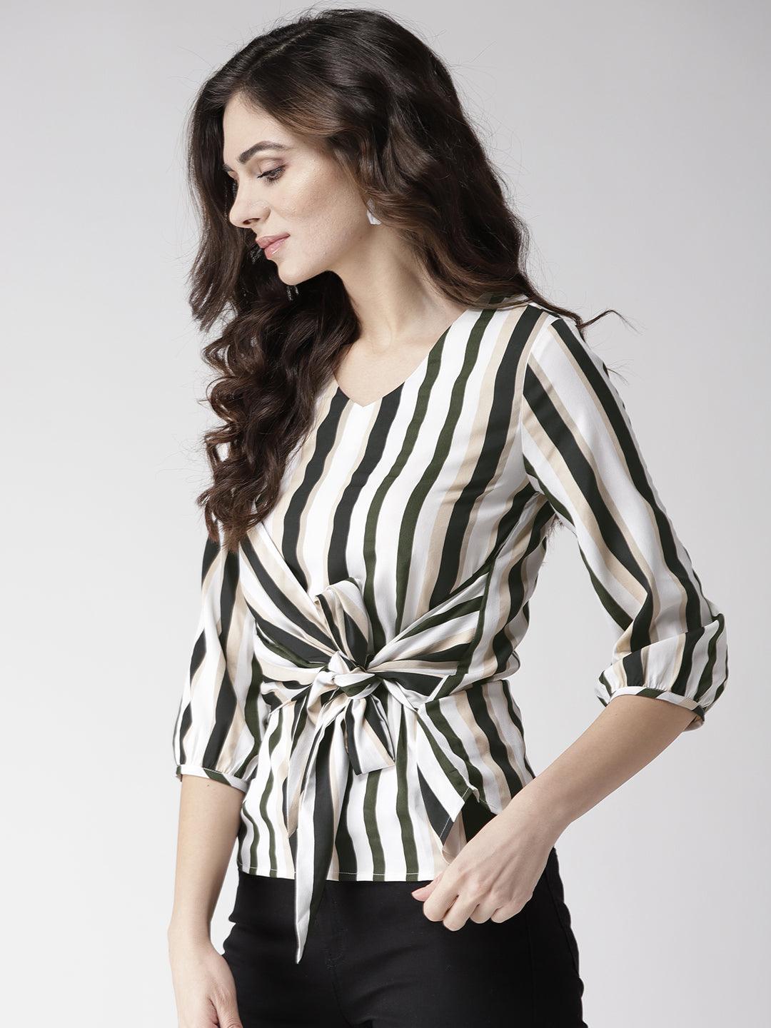 Women Maroon & Navy Blue Striped Top-Tops-StyleQuotient