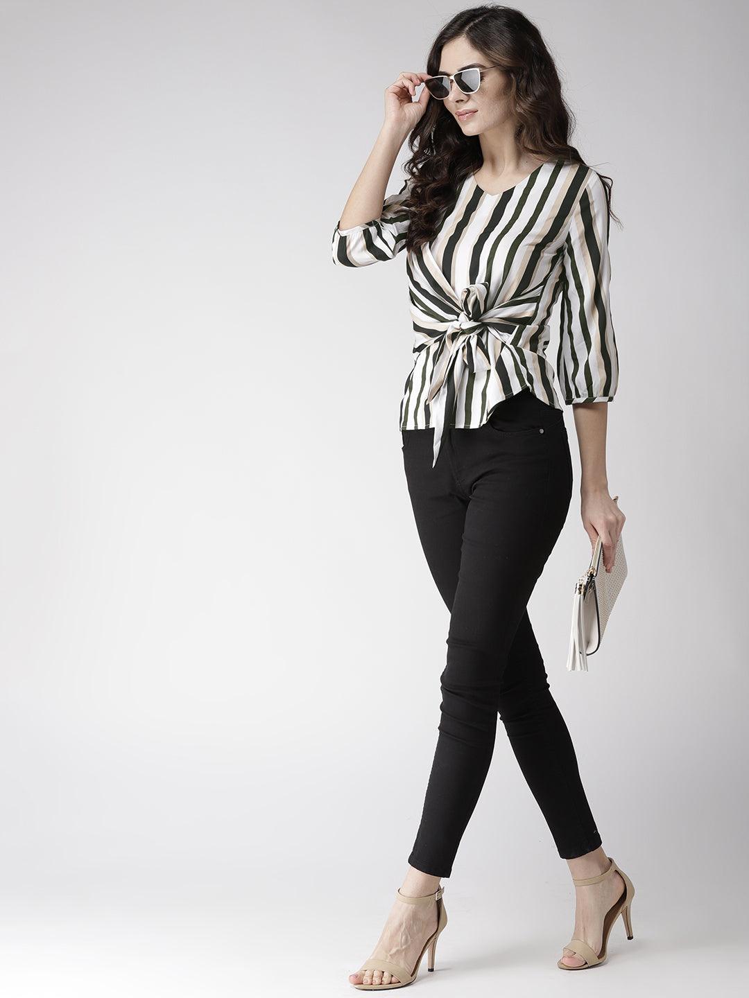 Women Maroon & Navy Blue Striped Top-Tops-StyleQuotient