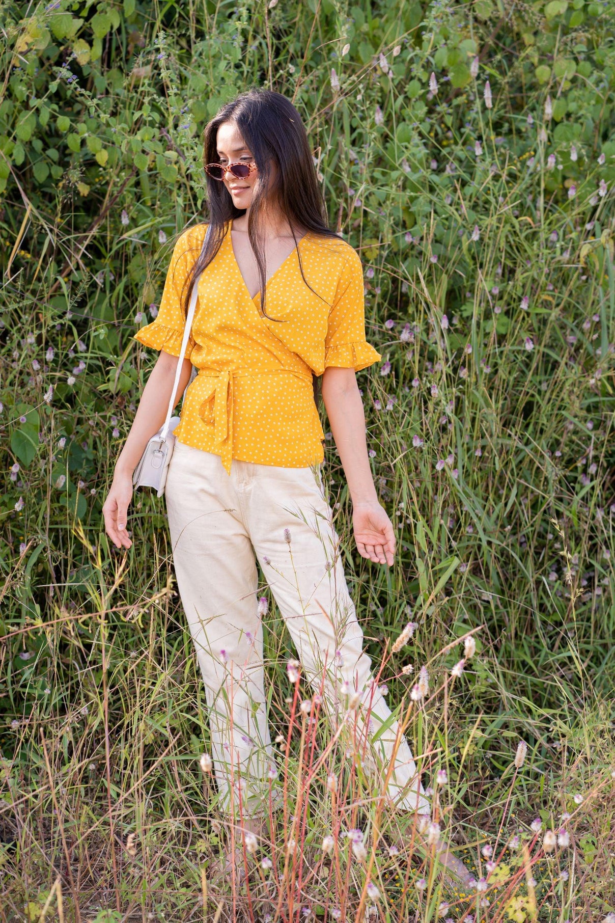 Women Yellow & White Polka Dot Printed Wrap Top-Tops-StyleQuotient