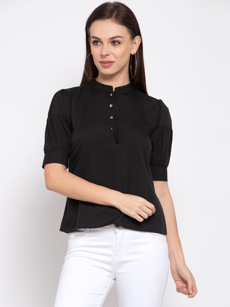 Women Black Solid Puff Sleeves Regular Top-Tops-StyleQuotient