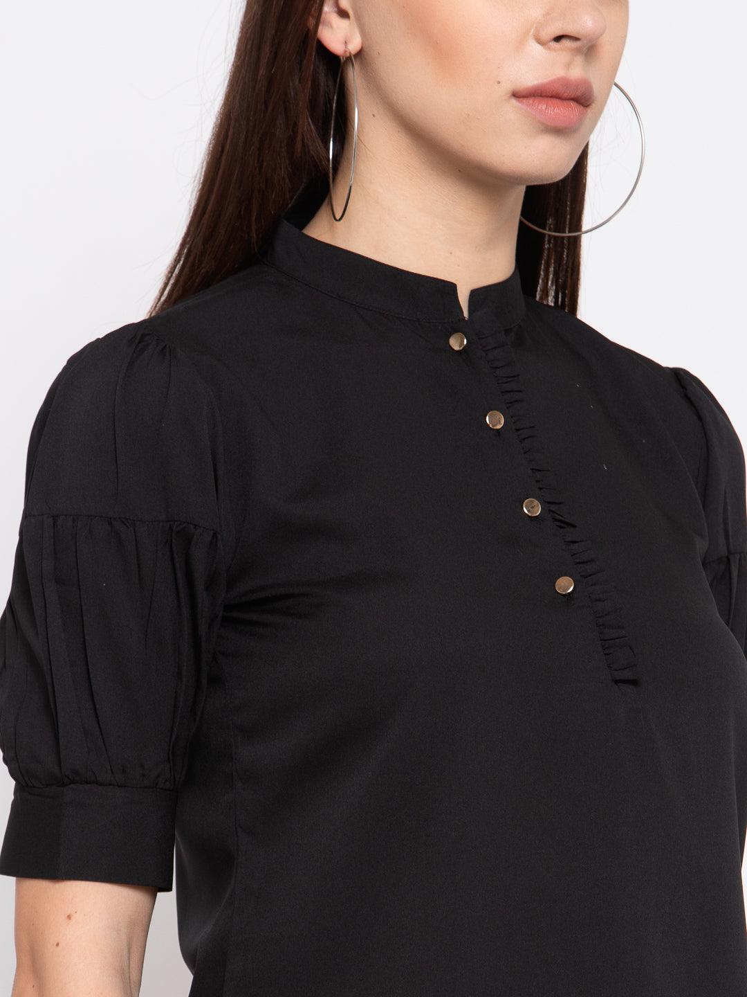 Women Black Solid Puff Sleeves Regular Top-Tops-StyleQuotient