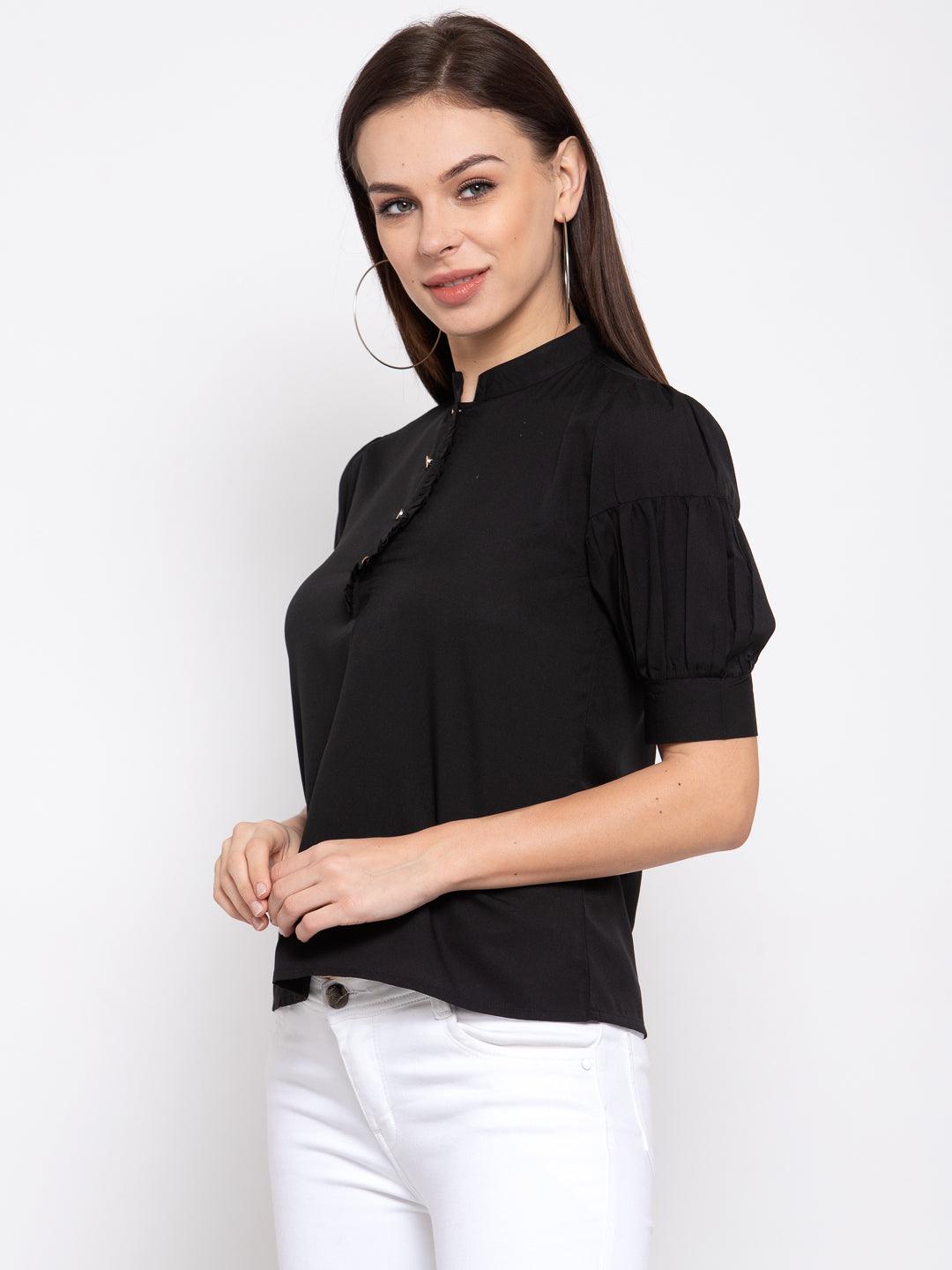 Women Black Solid Puff Sleeves Regular Top-Tops-StyleQuotient