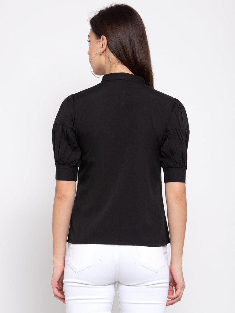 Women Black Solid Puff Sleeves Regular Top-Tops-StyleQuotient