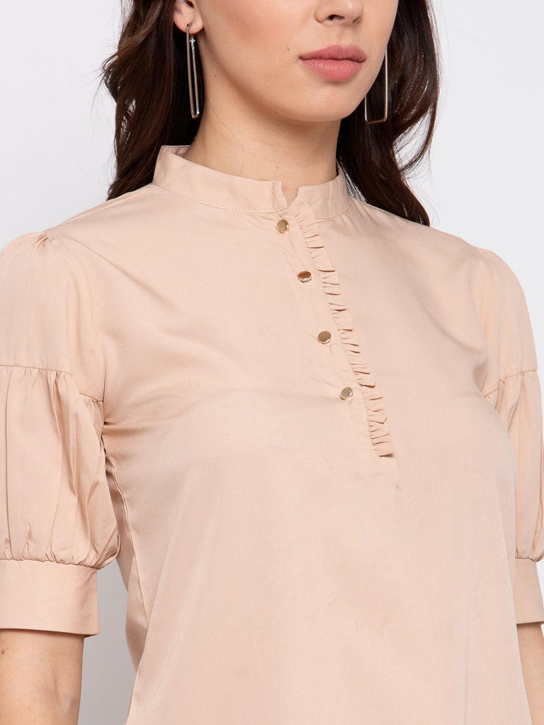 Womens Nude-Coloured Mandarin Collar Top-Tops-StyleQuotient