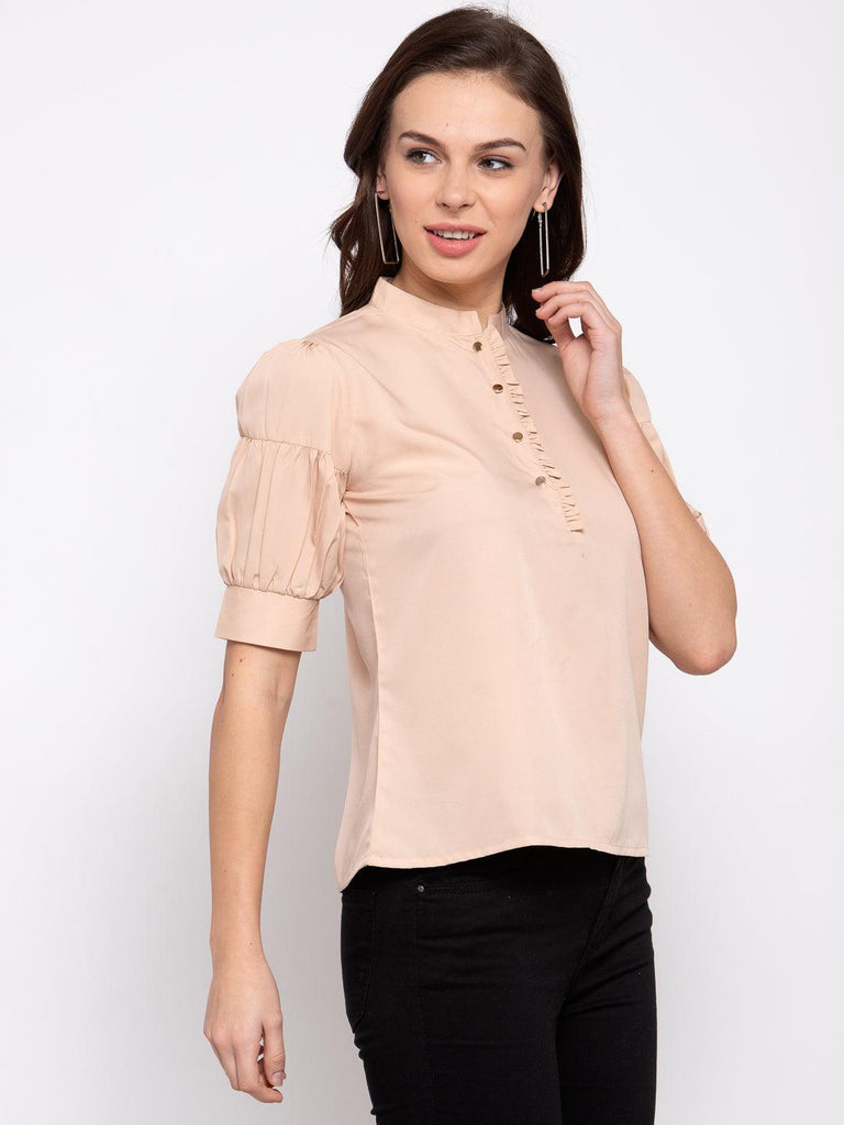 Womens Nude-Coloured Mandarin Collar Top-Tops-StyleQuotient