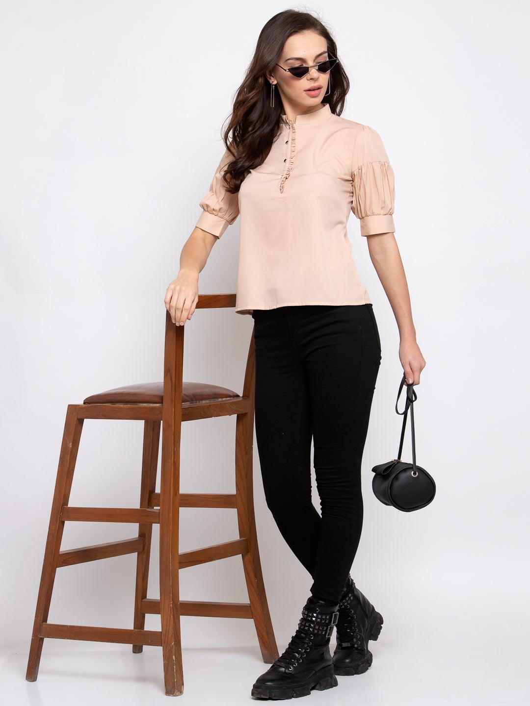 Womens Nude-Coloured Mandarin Collar Top-Tops-StyleQuotient