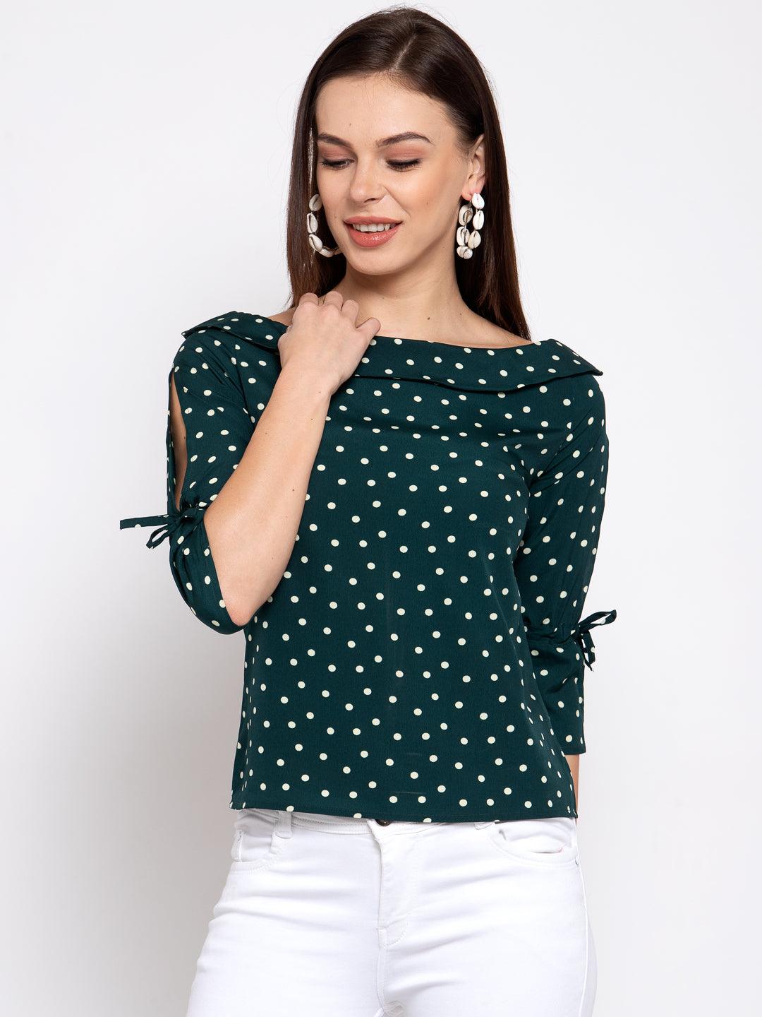 style quotient women Green and White polka printed polycrepe smart casual top-Tops-StyleQuotient