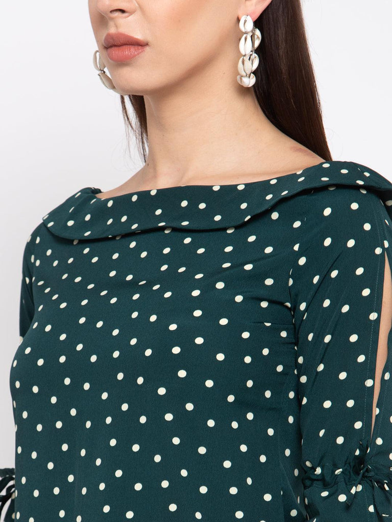 style quotient women Green and White polka printed polycrepe smart casual top-Tops-StyleQuotient