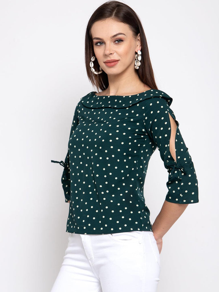 style quotient women Green and White polka printed polycrepe smart casual top-Tops-StyleQuotient