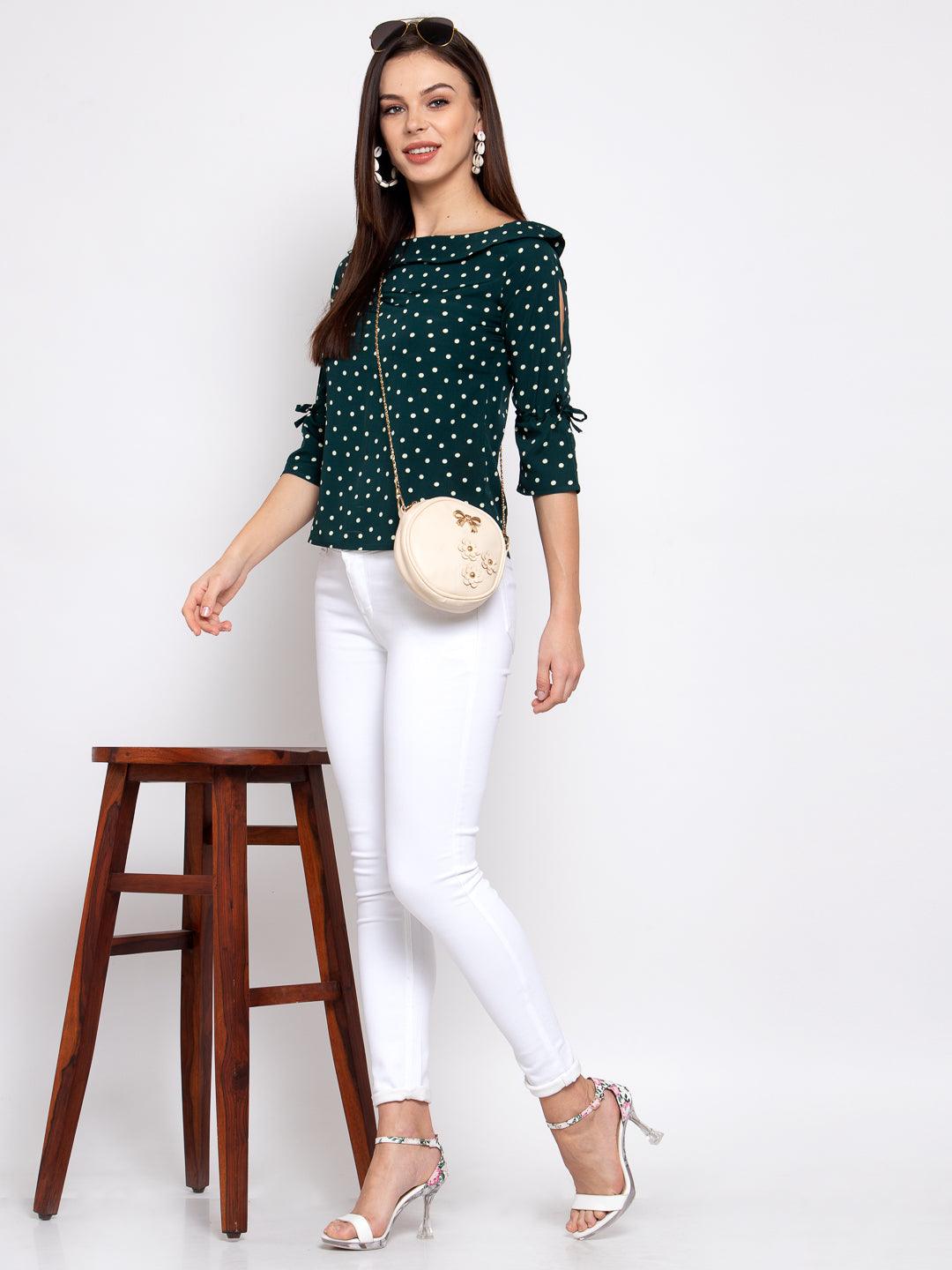 style quotient women Green and White polka printed polycrepe smart casual top-Tops-StyleQuotient