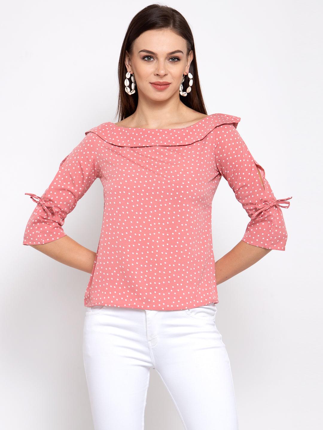 style quotient women Pink and White polka printed polycrepe smart casual top-Tops-StyleQuotient