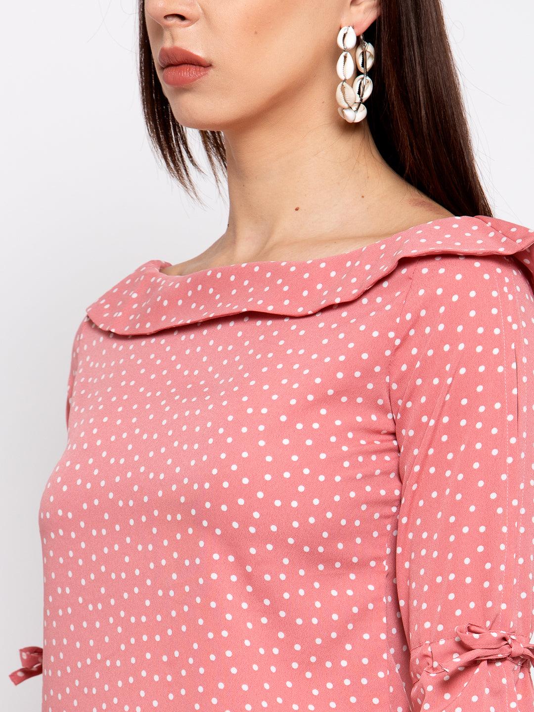 style quotient women Pink and White polka printed polycrepe smart casual top-Tops-StyleQuotient