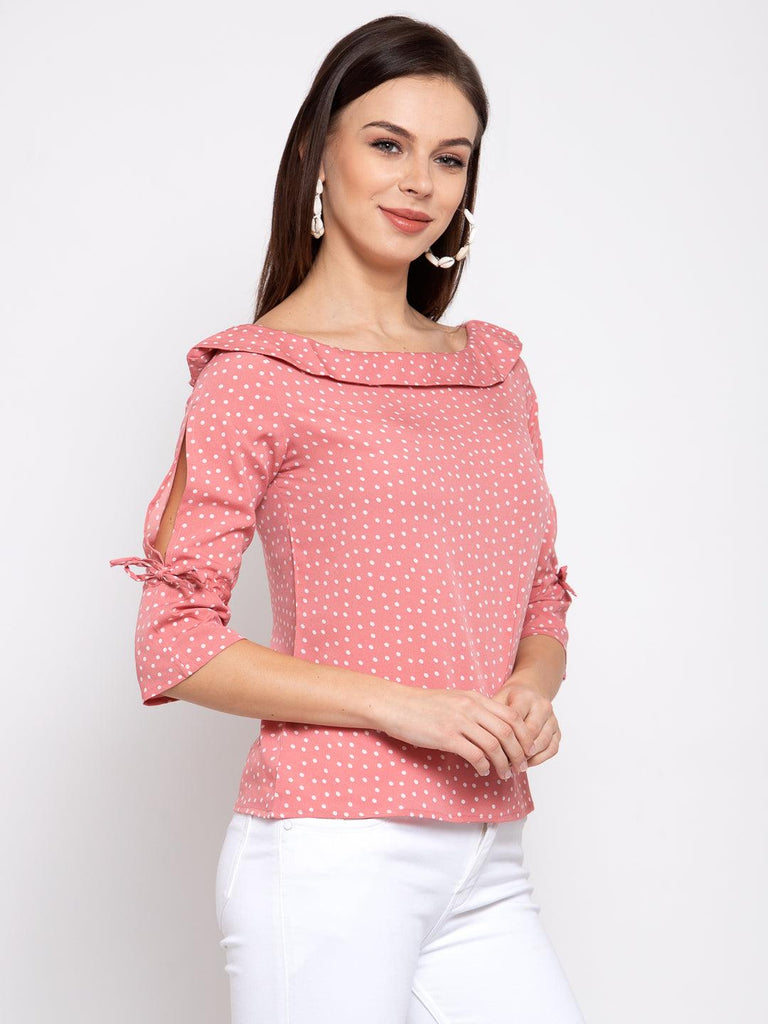 style quotient women Pink and White polka printed polycrepe smart casual top-Tops-StyleQuotient