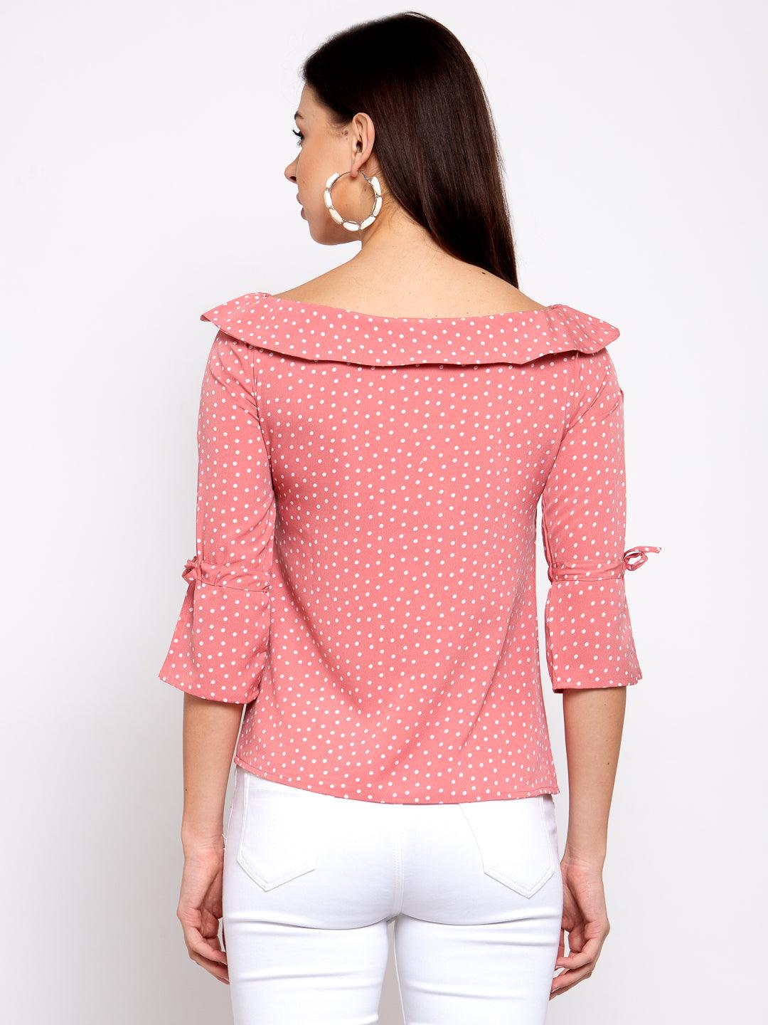 style quotient women Pink and White polka printed polycrepe smart casual top-Tops-StyleQuotient