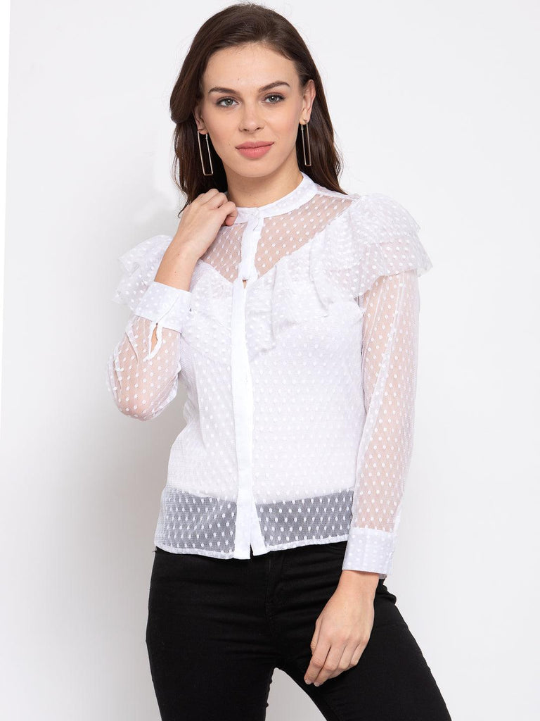Women White Regular Fit Self Design Casual Shirt-Shirts-StyleQuotient