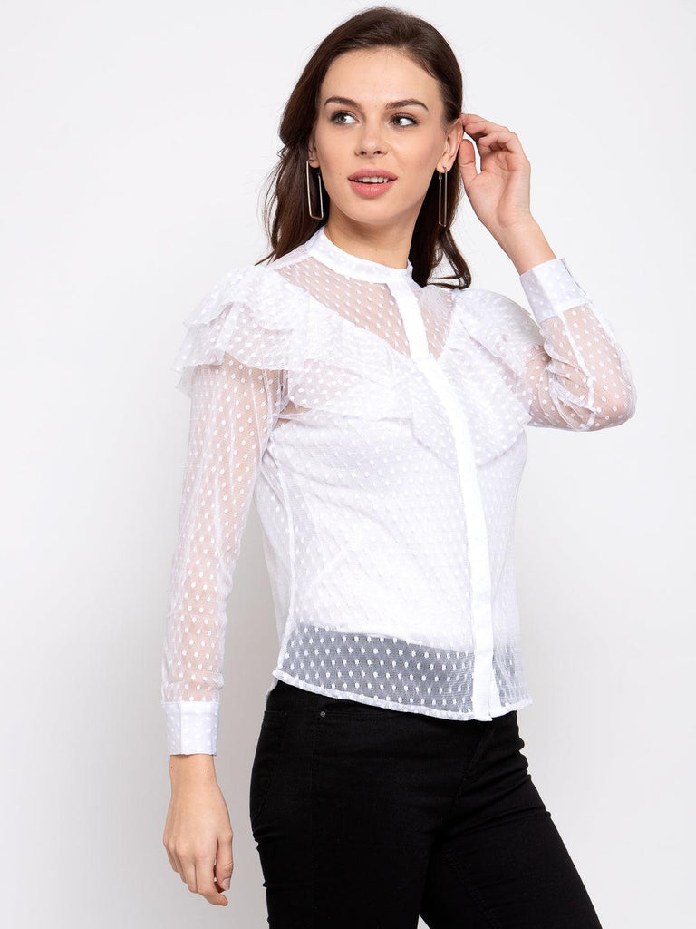 Women White Regular Fit Self Design Casual Shirt-Shirts-StyleQuotient