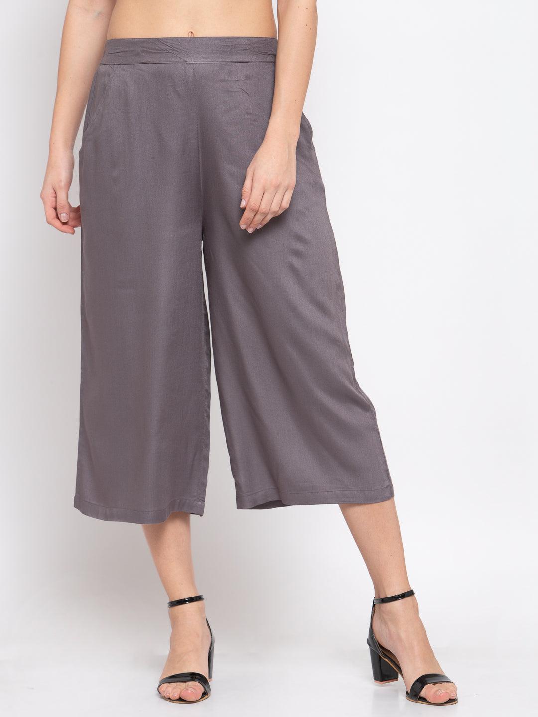 Women Grey Loose Fit Solid Culottes-Trousers-StyleQuotient