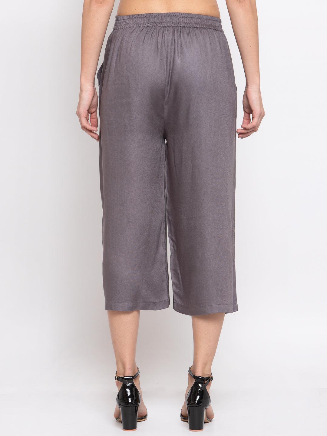 Women Grey Loose Fit Solid Culottes-Trousers-StyleQuotient