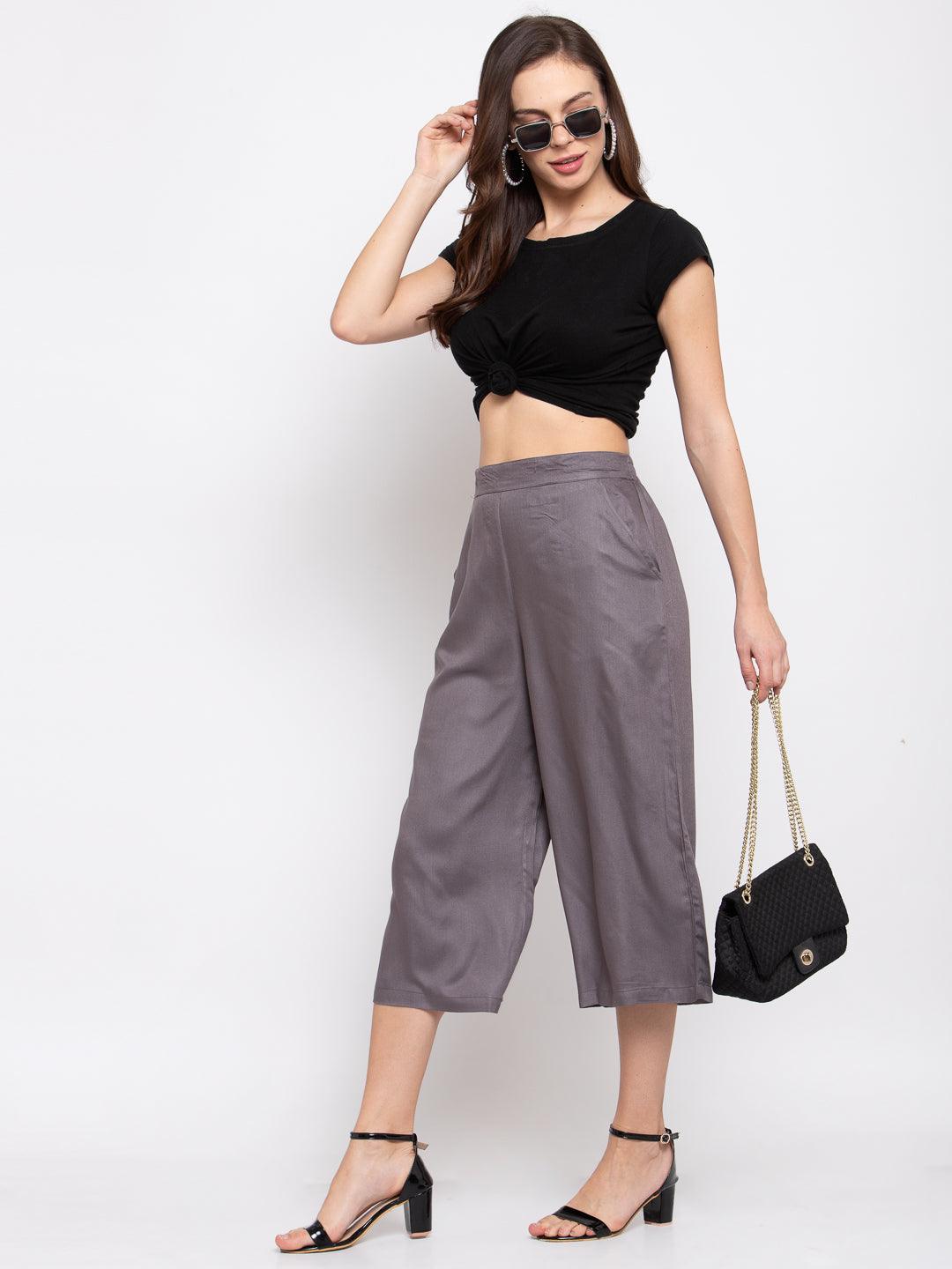 Women Grey Loose Fit Solid Culottes-Trousers-StyleQuotient